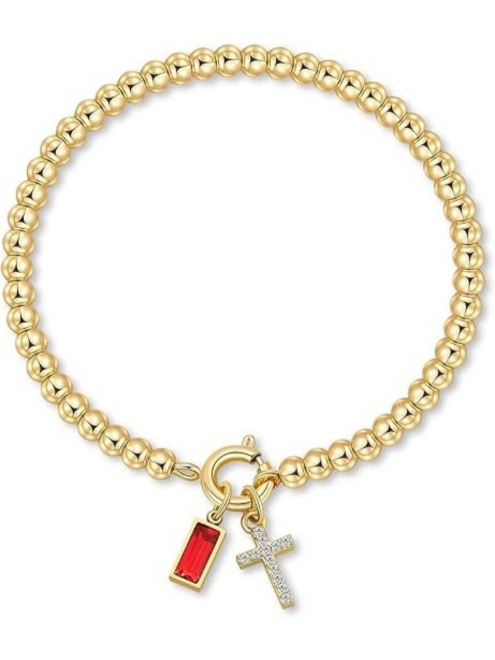 07-July(Ruby) Cross Birthstone Elastic 14K Gold Plated Bead Bracelet